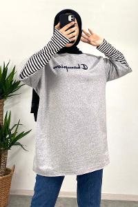 Modalamelif Champion Nakışlı T-Shirt Gri