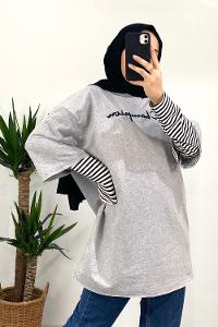 Modalamelif Champion Nakışlı T-Shirt Gri