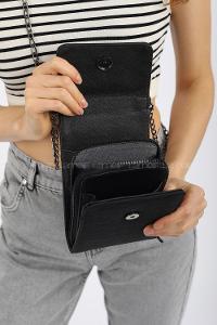 Modalamelif  Cüzdan Bölmeli Çapraz  Kırınkıl Kumaş Çanta Siyah