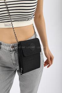 Modalamelif  Cüzdan Bölmeli Çapraz  Kırınkıl Kumaş Çanta Siyah