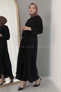 Modalamelif Eteği Pileli Kemerli Kuşaklı Elbise Siyah