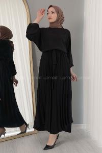 Modalamelif Eteği Pileli Kemerli Kuşaklı Elbise Siyah