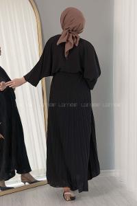 Modalamelif Eteği Pileli Kemerli Kuşaklı Elbise Siyah