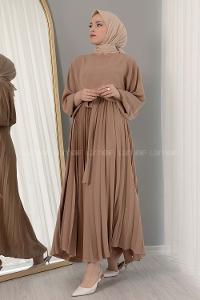 Modalamelif Eteği Pileli Kemerli Kuşaklı Elbise Soft Kahve
