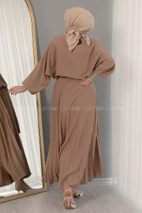 Modalamelif Eteği Pileli Kemerli Kuşaklı Elbise Soft Kahve