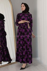 Modalamelif Hasır Kemerli Gül Desen Elbise Mor
