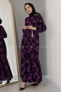 Modalamelif Hasır Kemerli Gül Desen Elbise Mor