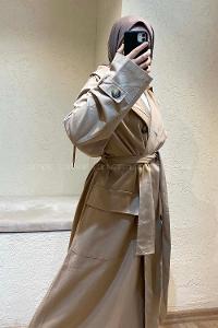 Modalamelif Kuşak Bağlamalı Kapşonlu Trenç Bej