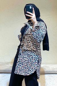 Modalamelif Leopar Desen Kot Ceket Siyah Pudra