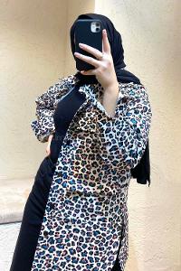 Modalamelif Leopar Desen Kot Ceket Siyah Pudra
