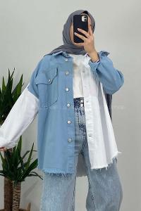 Modalamelif Renk Geçişli Gabardin Gömlek Ceket Açık Mavi Ekru