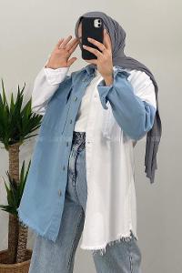 Modalamelif Renk Geçişli Gabardin Gömlek Ceket Açık Mavi Ekru