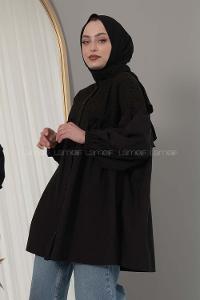 Modalamelif Yaka Fırfırlı Güpürlü Tunik Siyah