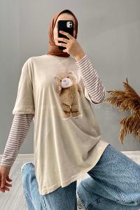 Modalamelif Ayıcık Baskılı Oversize T-Shirt Krem