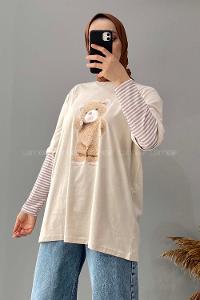 Modalamelif Ayıcık Baskılı Oversize T-Shirt Krem