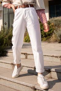Modalamelif Deri Kemerli Pensli Gabardin Pantolon Beyaz