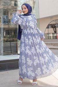 Modalamelif Ekose Desenli Astarlı Şifon Elbise Lacivert