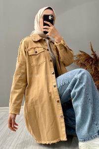 Modalamelif Etek Ucu Püsküllü Rivetli Kot Ceket Camel