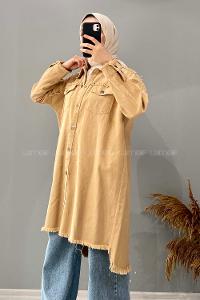 Modalamelif Etek Ucu Püsküllü Rivetli Kot Ceket Camel