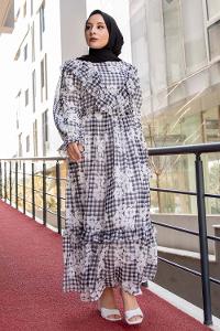 Modalamelif Fırfır Desenli Astarlı Şifon Elbise Siyah