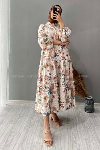 Modalamelif Gömlek Yaka Çiçek Desenli Elbise Ekru