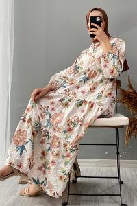 Modalamelif Gömlek Yaka Çiçek Desenli Elbise Ekru