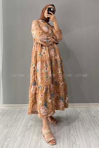 Modalamelif Gömlek Yaka Çiçek Desenli Elbise Sütlü Kahve