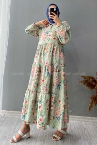 Modalamelif Gömlek Yaka Çiçek Desenli Elbise Yeşil