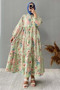 Modalamelif Gömlek Yaka Çiçek Desenli Elbise Yeşil