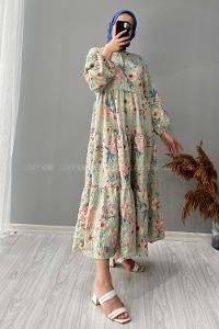 Modalamelif Gömlek Yaka Çiçek Desenli Elbise Yeşil