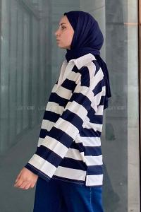 Modalamelif Gömlek Yaka Çizgili Sweatshirt Lacivert