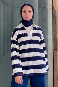 Modalamelif Gömlek Yaka Çizgili Sweatshirt Lacivert