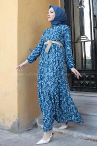 Modalamelif Hasır Kemerli Minimal Papatya Elbise İndigo