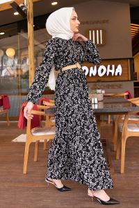 Modalamelif Hasır Kemerli Minimal Papatya Elbise Siyah