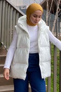 Modalamelif Kapşonlu Şişme Yelek Ekru