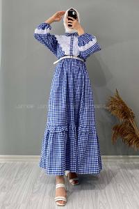 Modalamelif Kemerli Ekose Desen Elbise Saks Mavisi