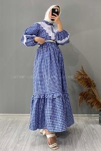 Modalamelif Kemerli Ekose Desen Elbise Saks Mavisi