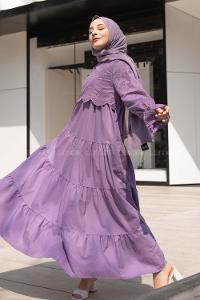 Modalamelif Kol Lastik Nakışlı Elbise Mor