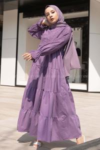 Modalamelif Kol Lastik Nakışlı Elbise Mor