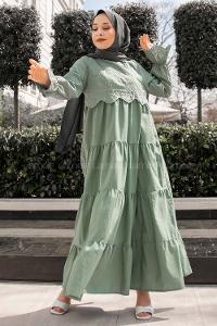 Modalamelif Kol Lastik Nakışlı Elbise Pastel Yeşili