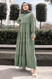 Modalamelif Kol Lastik Nakışlı Elbise Pastel Yeşili