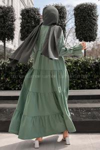 Modalamelif Kol Lastik Nakışlı Elbise Pastel Yeşili