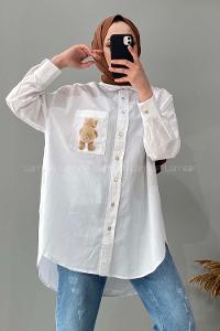 Modalamelif Tek Cep Ayıcık Baskılı Oversize Gömlek Ekru