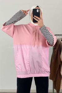 Modalamelif Bel Lastikli Kapşonlu T-Shirt Pembe