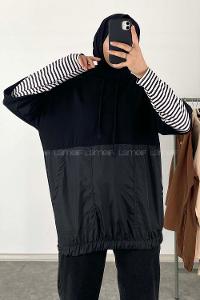 Modalamelif Bel Lastikli Kapşonlu T-Shirt Siyah