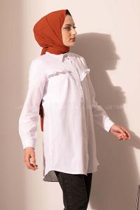 Modalamelif Boydan Düğmeli Fırfırlı Gömlek Ekru