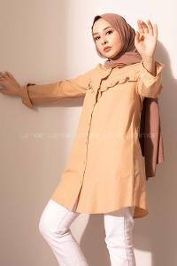 Modalamelif Boydan Düğmeli Fırfırlı Gömlek Sütlü Kahve