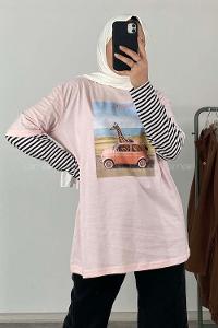 Modalamelif Car Baskılı Oversize T-Shirt Pudra