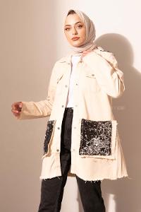 Modalamelif Cep Pul Payetli Kot Ceket Bej