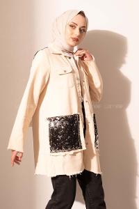 Modalamelif Cep Pul Payetli Kot Ceket Bej